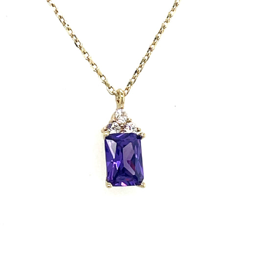 9CT Cubic Zirconia and Purple Stone Rectangle Necklet