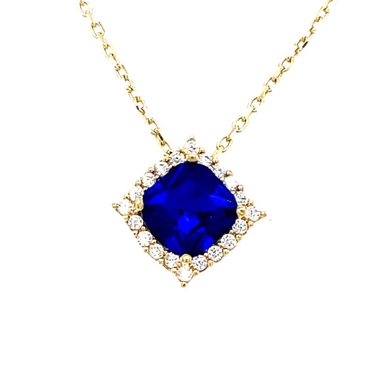 9CT Cubic Zirconia and Blue Stone Square Halo Necklet