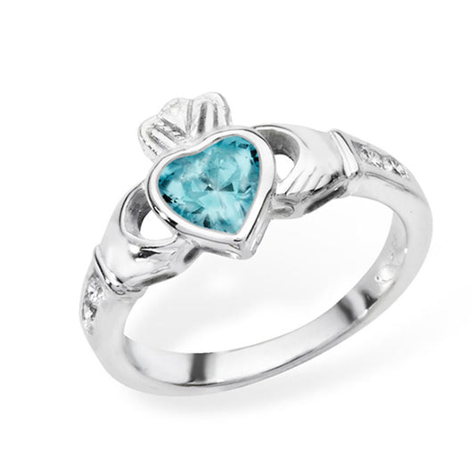 Silver Claddagh March Birth Stone Created Aquamarine Ring