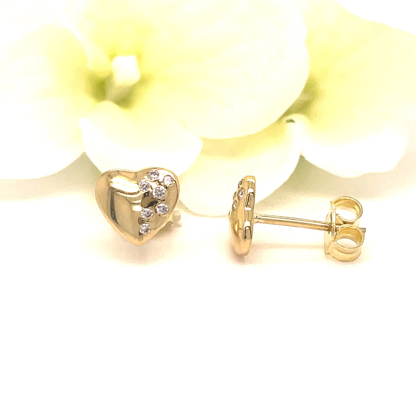 9ct Yellow Gold CZ/Polished Heart Earrings