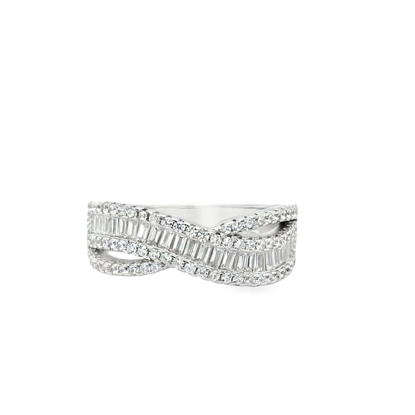 Sterling Silver CZ Round & Baguette Style Split Wide Wave Ring