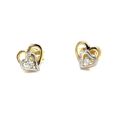 9CT Cubic Zirconia Two Tone Heart Link Stud Earring