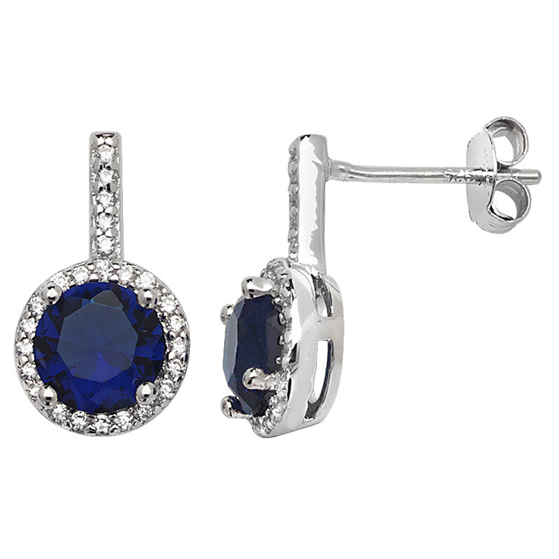 Sterling Silver Blue CZ Drop Stud with White CZ Halo