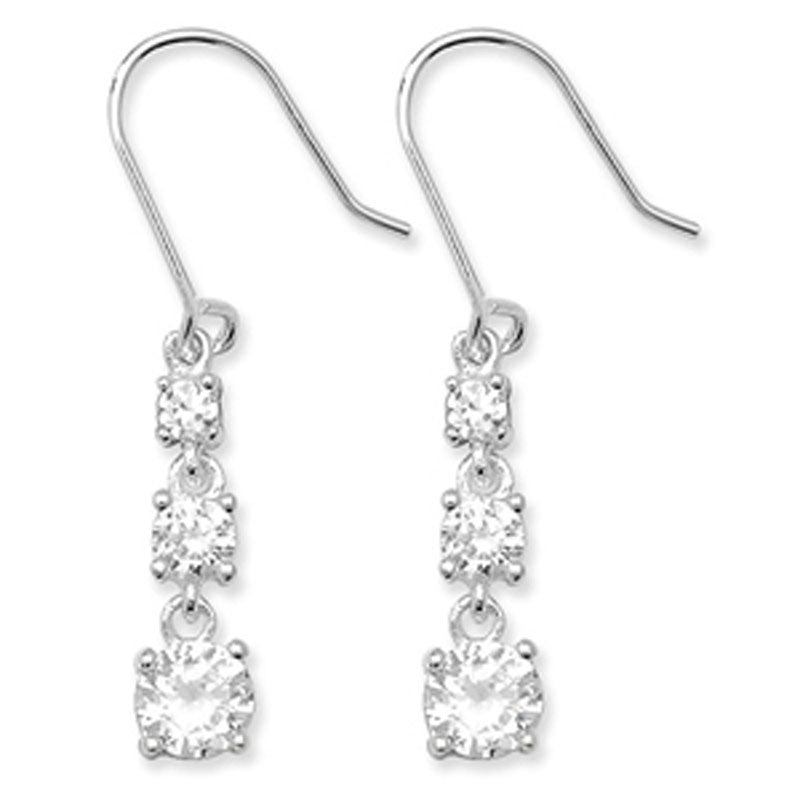 Sterling Silver Graduated 3 CZ Drop Earrings