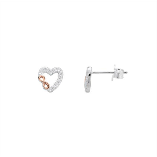 Sterling Silver Open Heart Stud Earrings WIth Rose Plated Infinity Symbol