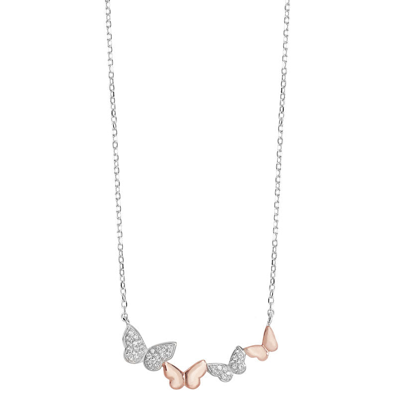 Sterling Silver Pave CZ and Polished Rose Plated Butterfly Necklet