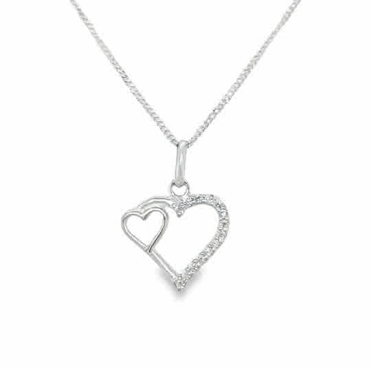Sterling Silver Polished and Half CZ Double Heart Pendant