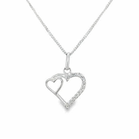 Sterling Silver Polished and Half CZ Double Heart Pendant