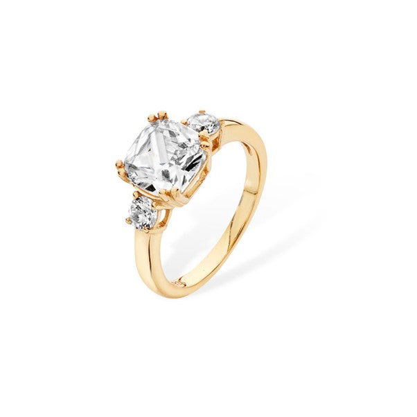 Sterling Silver Gold Plated Emerald Cut CZ Ring with Round Brilliant CZ Shoulders