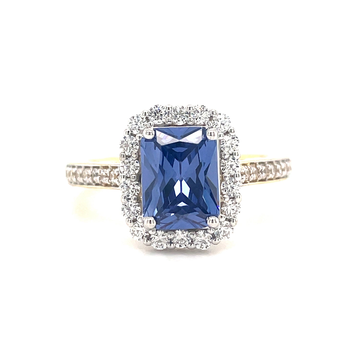 9ct cubic zirconia and blue stone emerald cut cluster ring with cubic zirconia shoulders