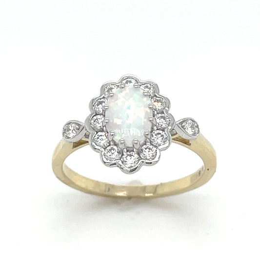 9ct Oval Opal + cubic zirconia rubover cluster ring