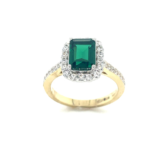 9ct Emerald Cut Emerald Ring with Cz Halo and CZ Set Shoulders