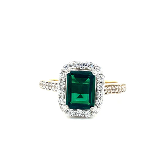 9ct Emerald Cut Emerald Ring with Cz Halo and CZ Set Shoulders