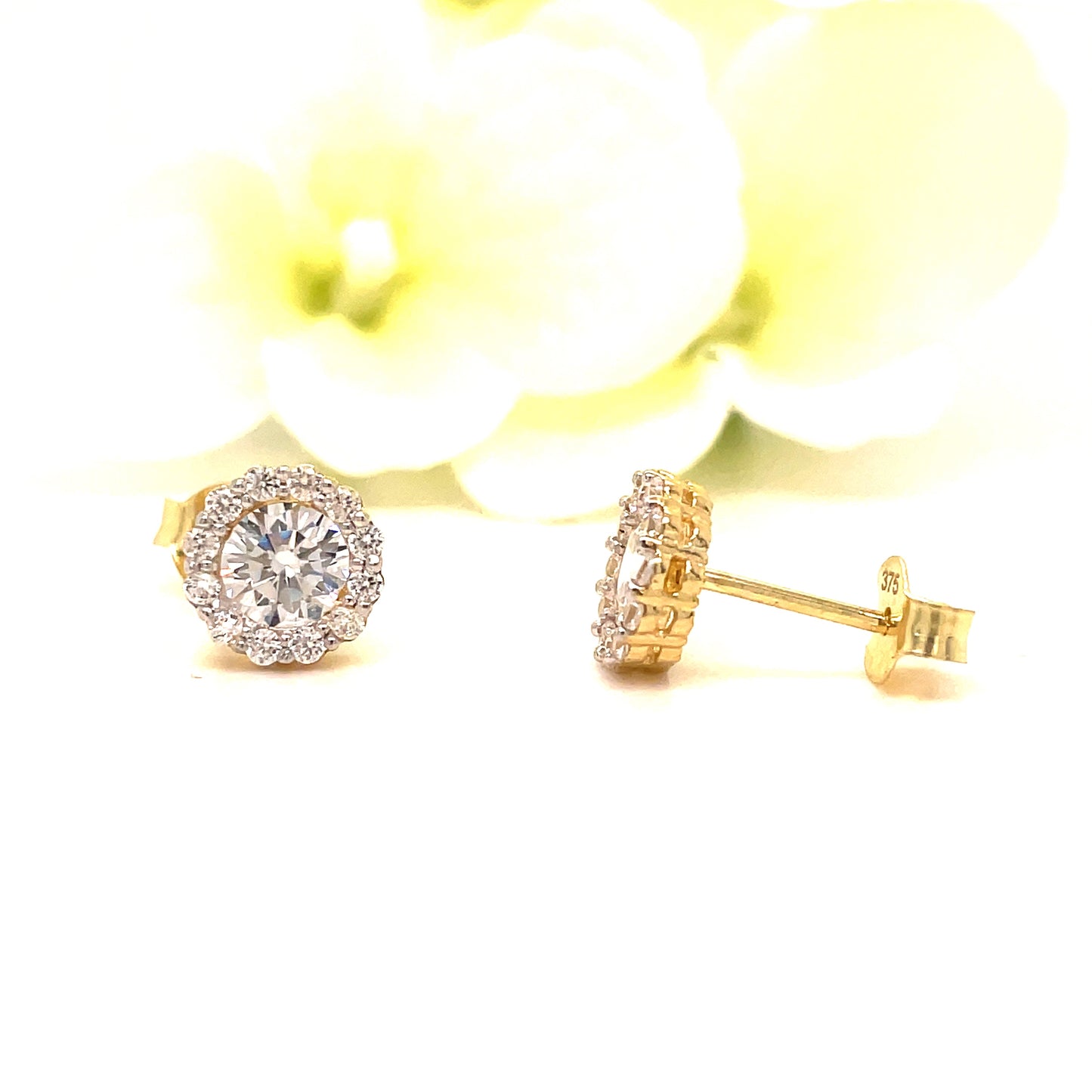 9ct Yellow Gold Round CZ Halo Earrings