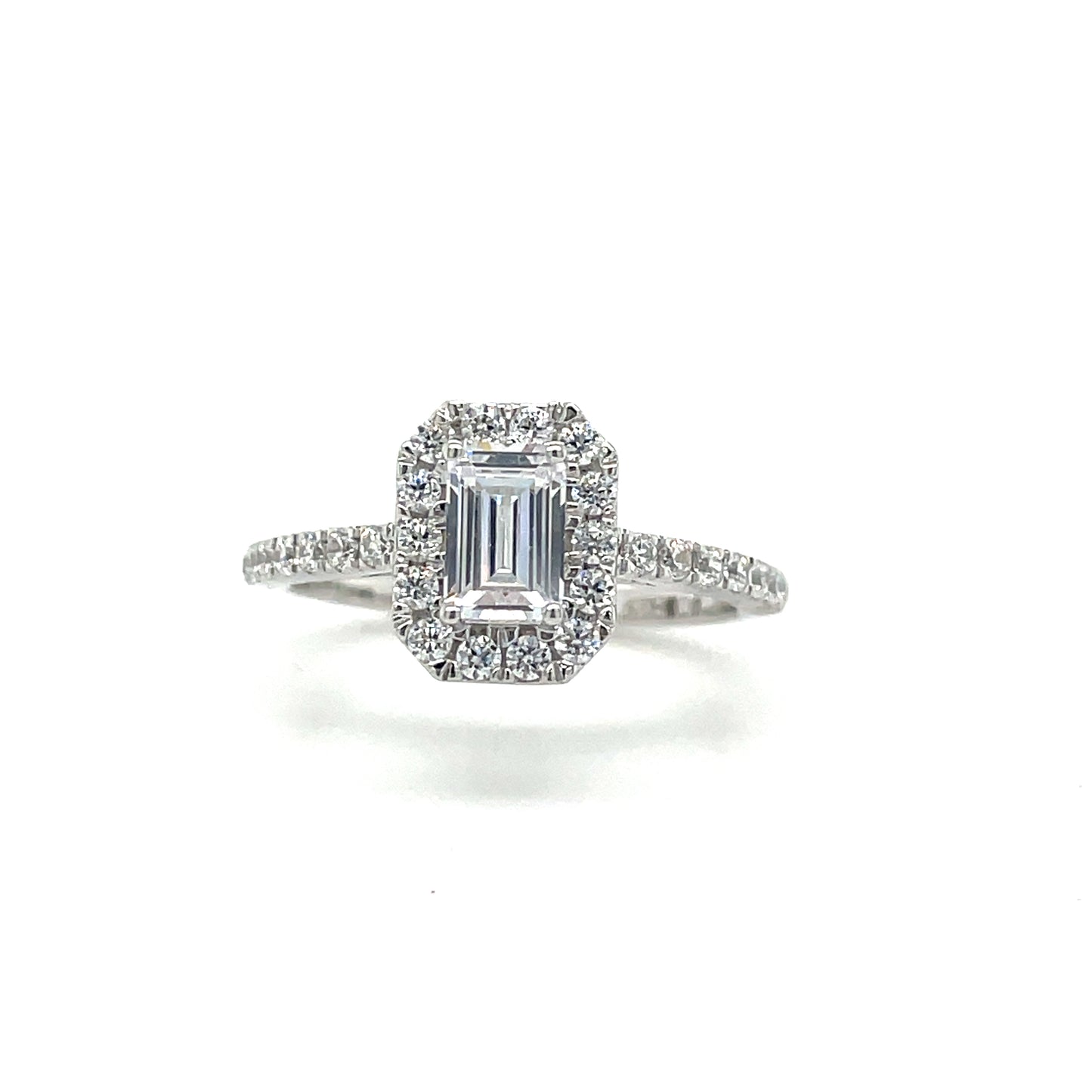 9CT White Gold Emerald Cut Halo Cubic Zirconia Dress Ring with Stone Set Shoulders