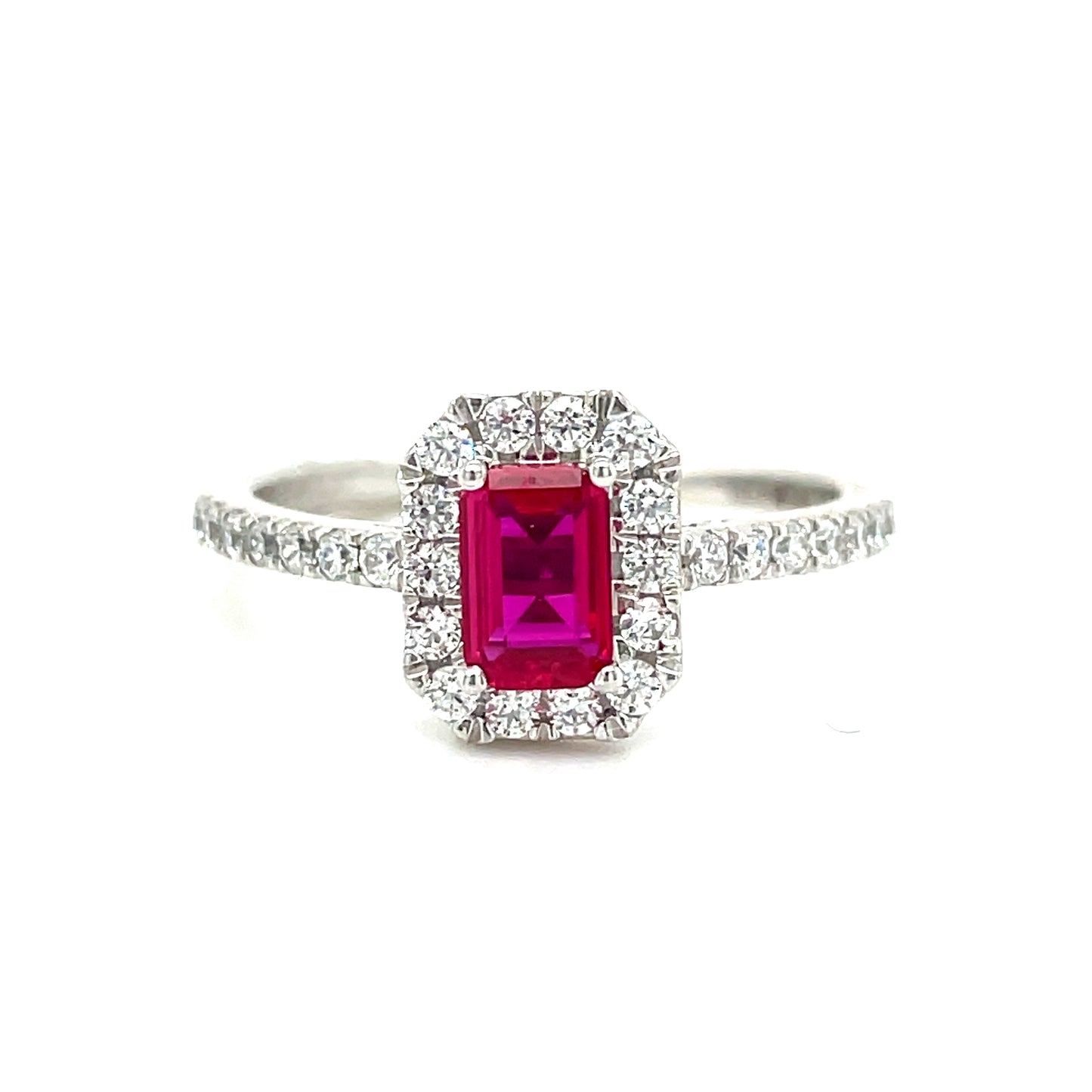 9CT White Gold Emerald Cut Halo Cubic Zirconia and Red Stone Dress Ring with Stone Set Shoulders