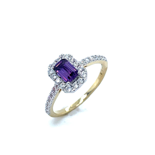 9CT Emerald Cut Halo Cubic Zirconia and Purple Stone Dress Ring with Stone Set Shoulders
