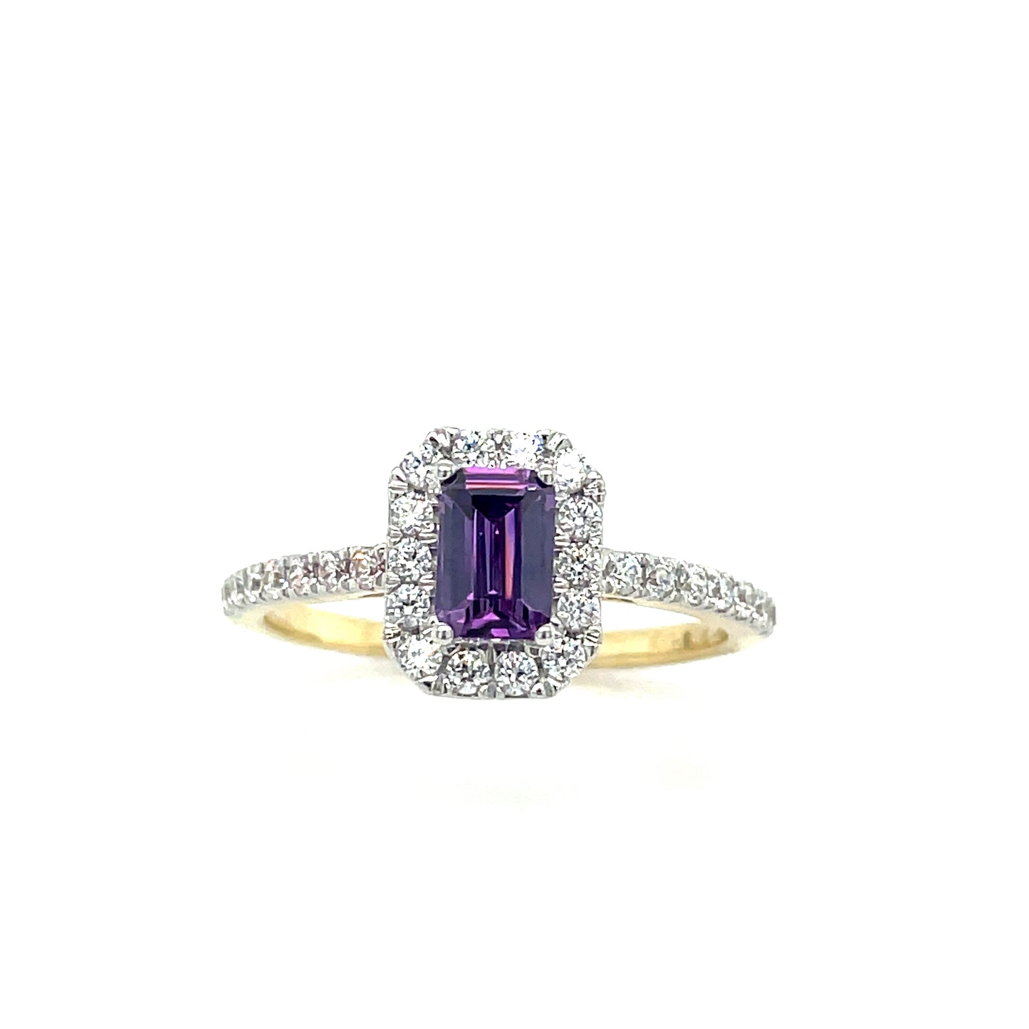 9CT Emerald Cut Halo Cubic Zirconia and Purple Stone Dress Ring with Stone Set Shoulders