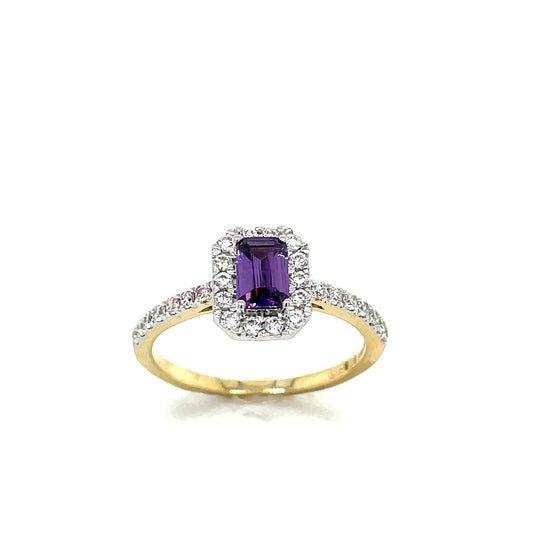 9CT Emerald Cut Halo Cubic Zirconia and Purple Stone Dress Ring with Stone Set Shoulders