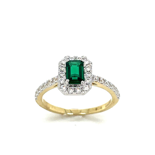 9CT Emerald Cut Halo Cubic Zirconia and Green Stone Dress Ring with Stone Set Shoulders