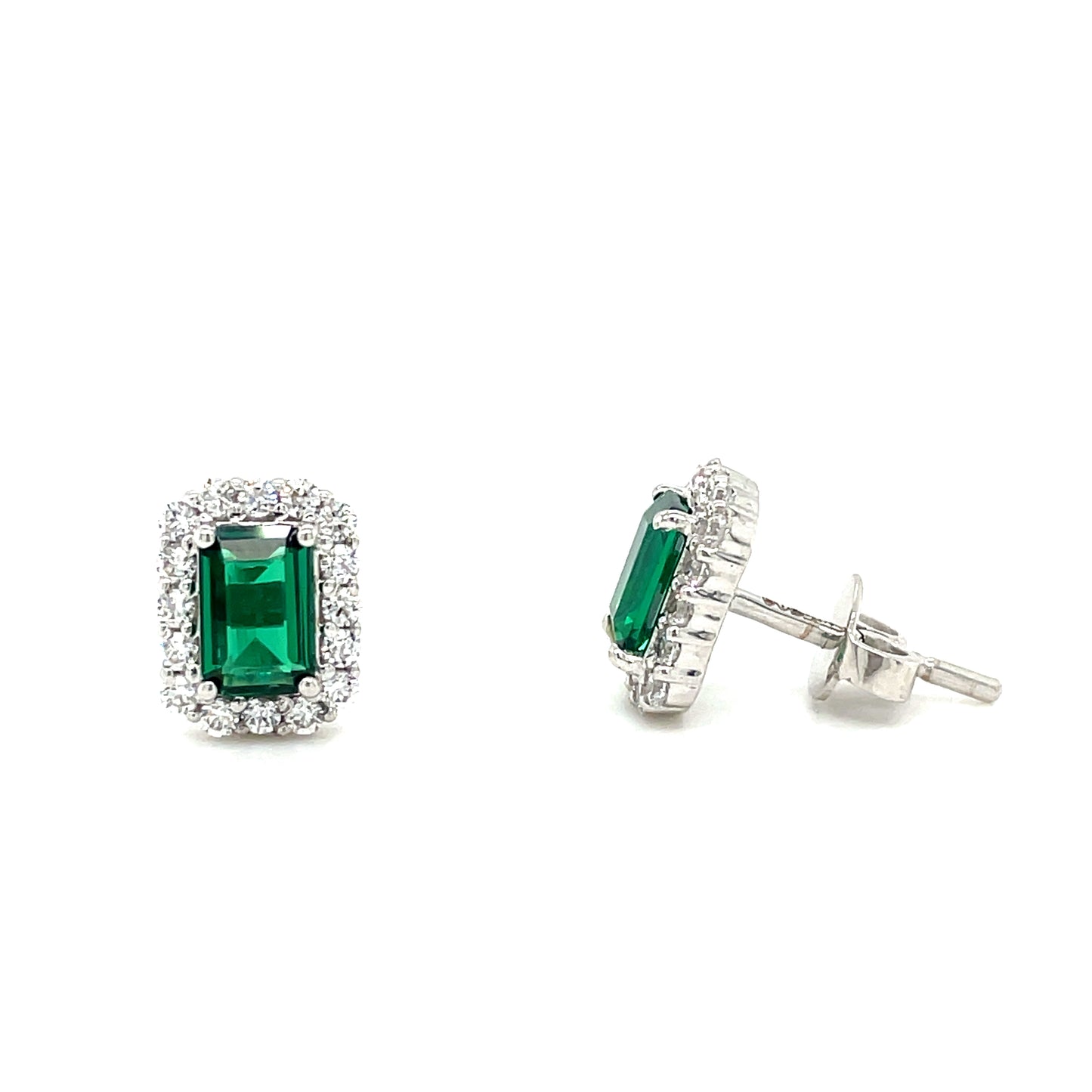 9CT White Gold Emerald Cut Halo Cubic Zirconia and Green Stone Stud Earring