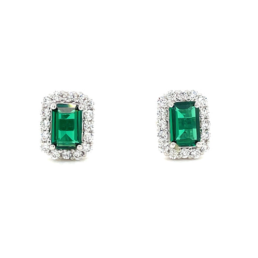 9CT White Gold Emerald Cut Halo Cubic Zirconia and Green Stone Stud Earring