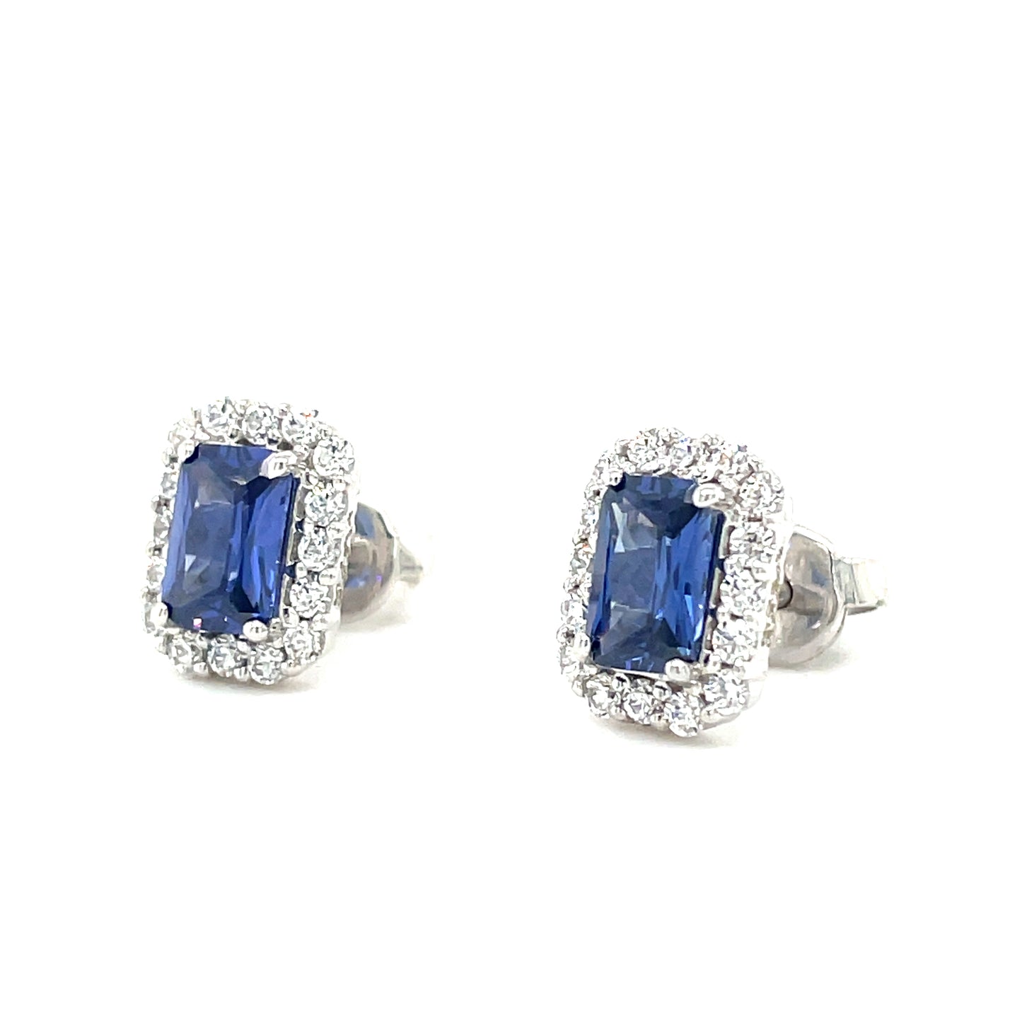 9CT White Gold Emerald Cut Halo Cubic Zirconia and Blue Stone Stud Earring