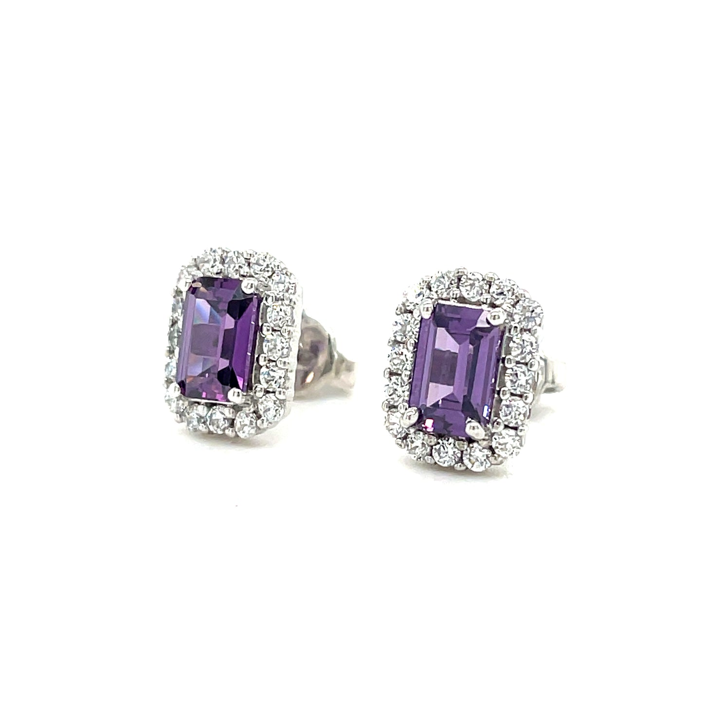 9CT White Gold Emerald Cut Halo Cubic Zirconia and Purple Stone Stud Earring
