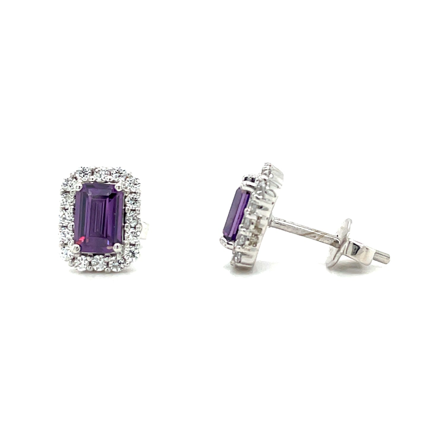 9CT White Gold Emerald Cut Halo Cubic Zirconia and Purple Stone Stud Earring