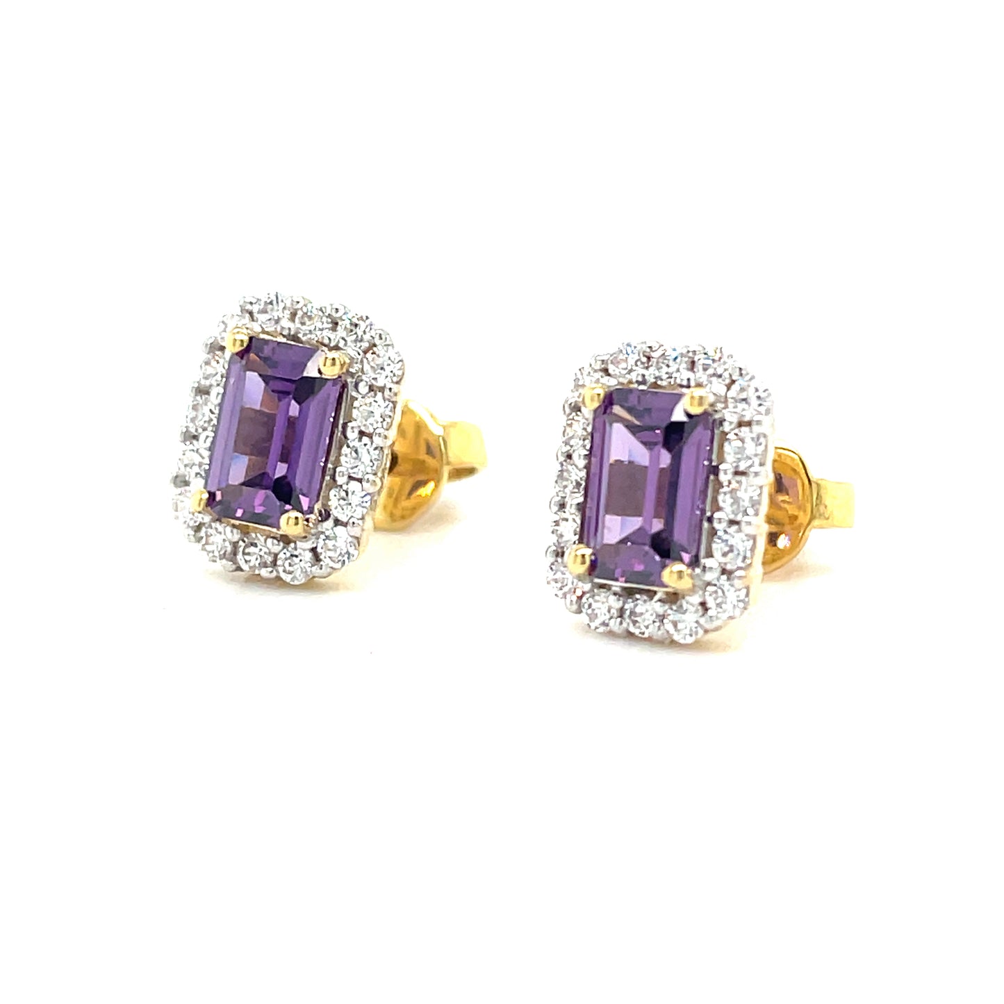9CT Emerald Cut Halo Cubic Zirconia and Purple Stone Stud Earring