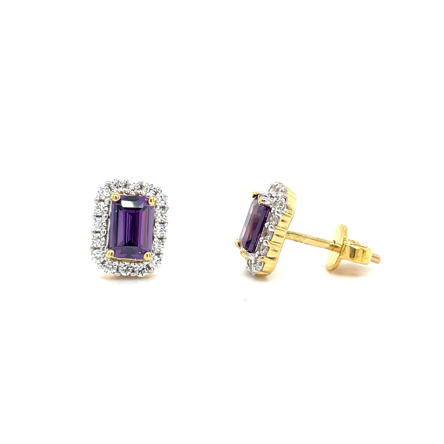 9CT Emerald Cut Halo Cubic Zirconia and Purple Stone Stud Earring