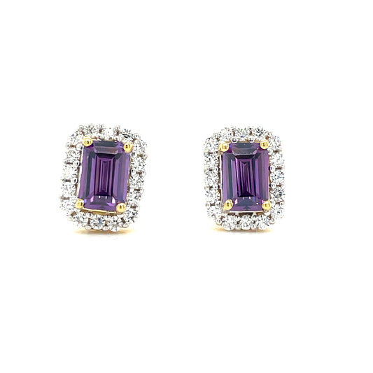 9CT Emerald Cut Halo Cubic Zirconia and Purple Stone Stud Earring