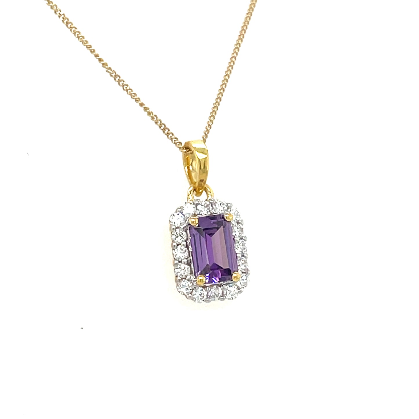 9ct Emerald Cut Halo Cubic Zirconia and Purple Stone Pendant
