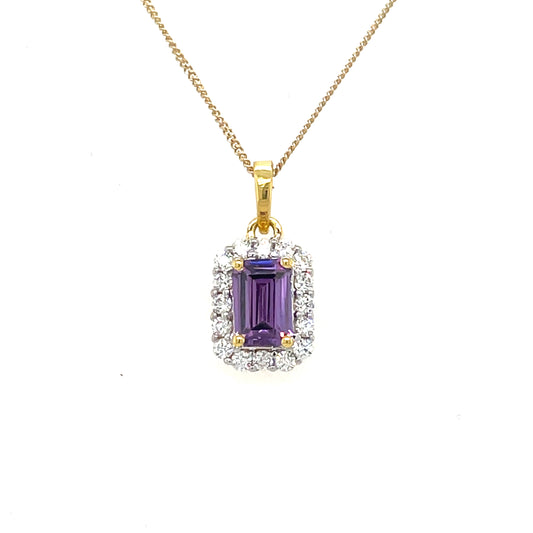 9ct Emerald Cut Halo Cubic Zirconia and Purple Stone Pendant