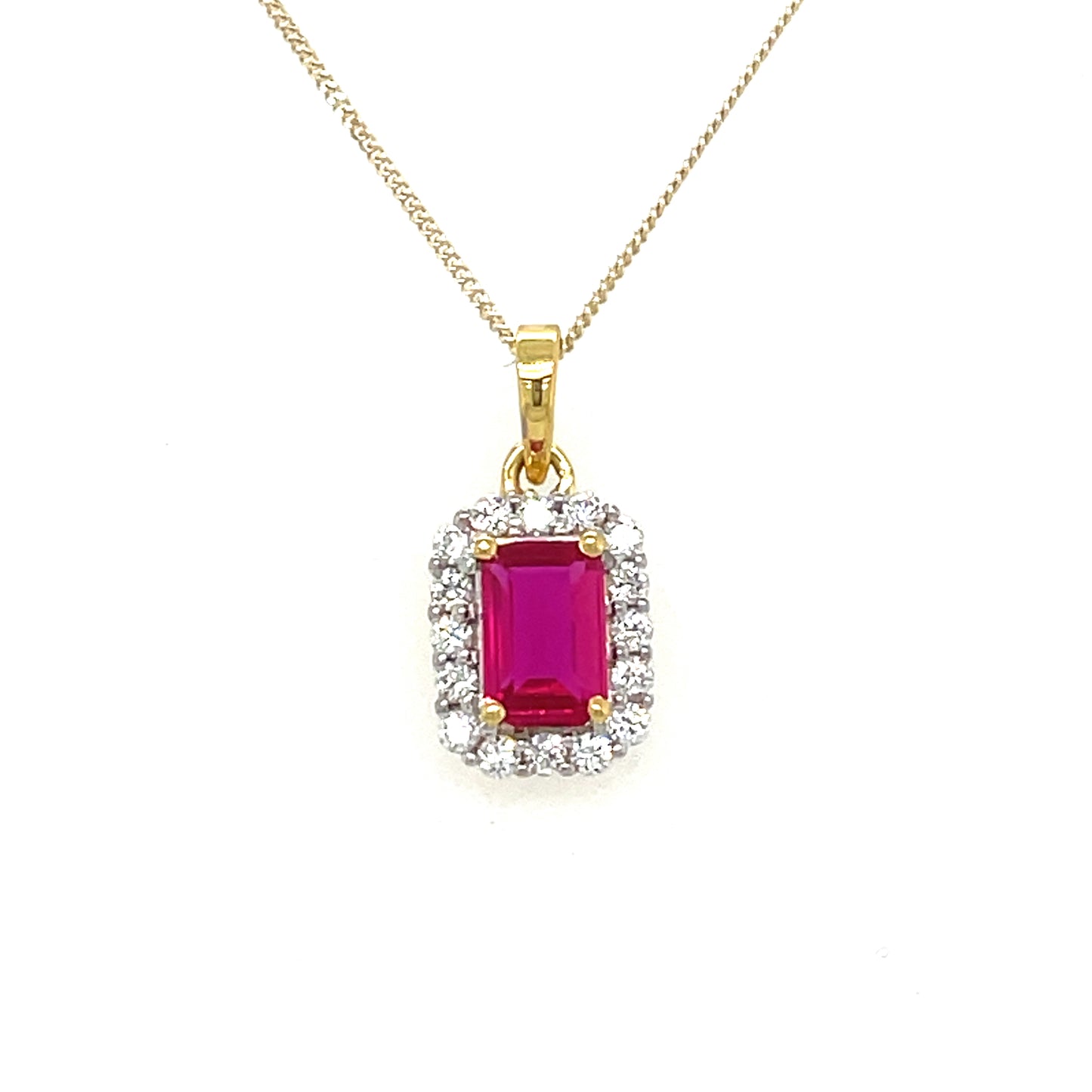 9CT Emerald Cut Halo Cubic Zirconia and Red Stone Pendant