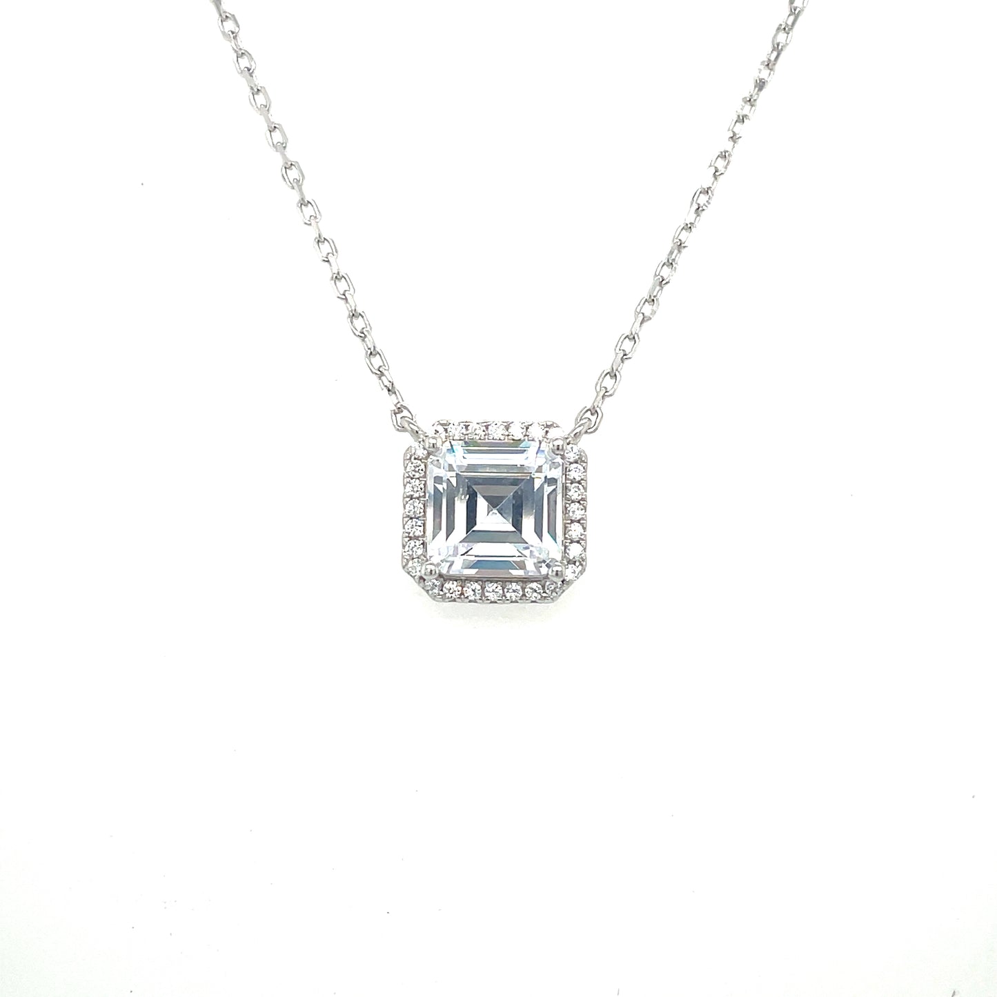 Sterling Silver Cubic Zirconia Square Halo Necklet