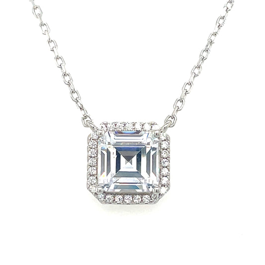 Sterling Silver Cubic Zirconia Square Halo Necklet