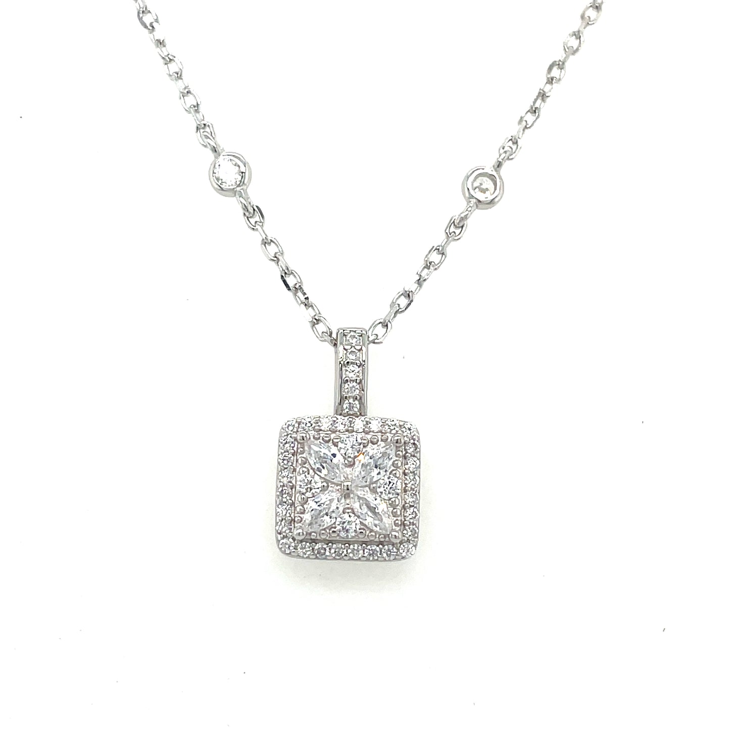 Sterling Silver Cubic Zirconia Square Cluster Rubover Scatter Necklet