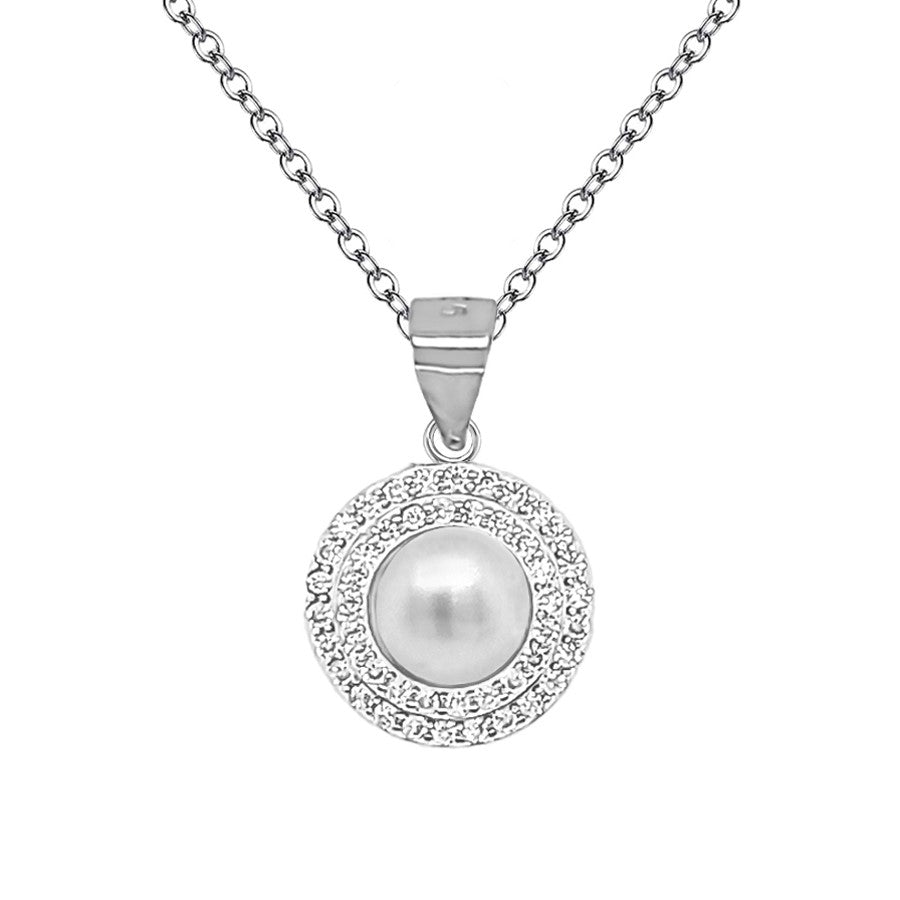 Sterling Silver Pearl Pendant with CZ Double Halo