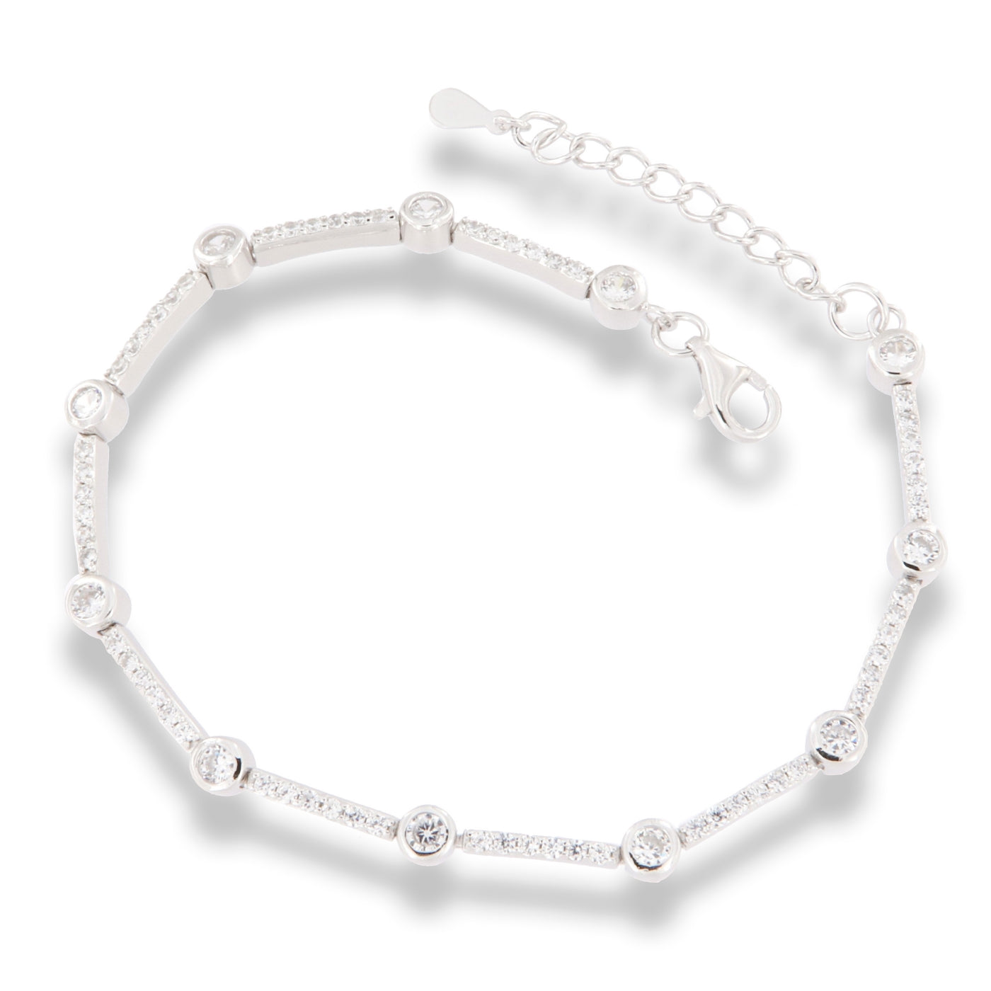 Silver cubic zirconia bar link with rubover cubic zirconia