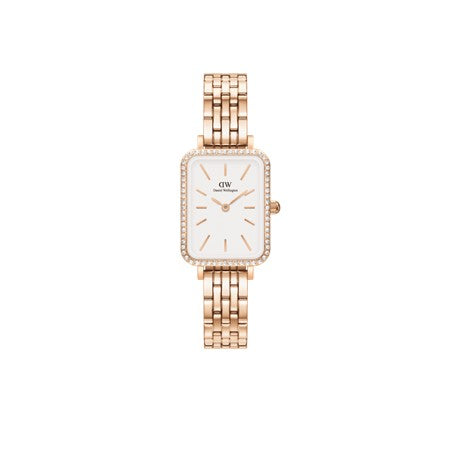 Ladies Daniel Wellington Quadro Lumine Rose Gold White Dial CZ Bezel