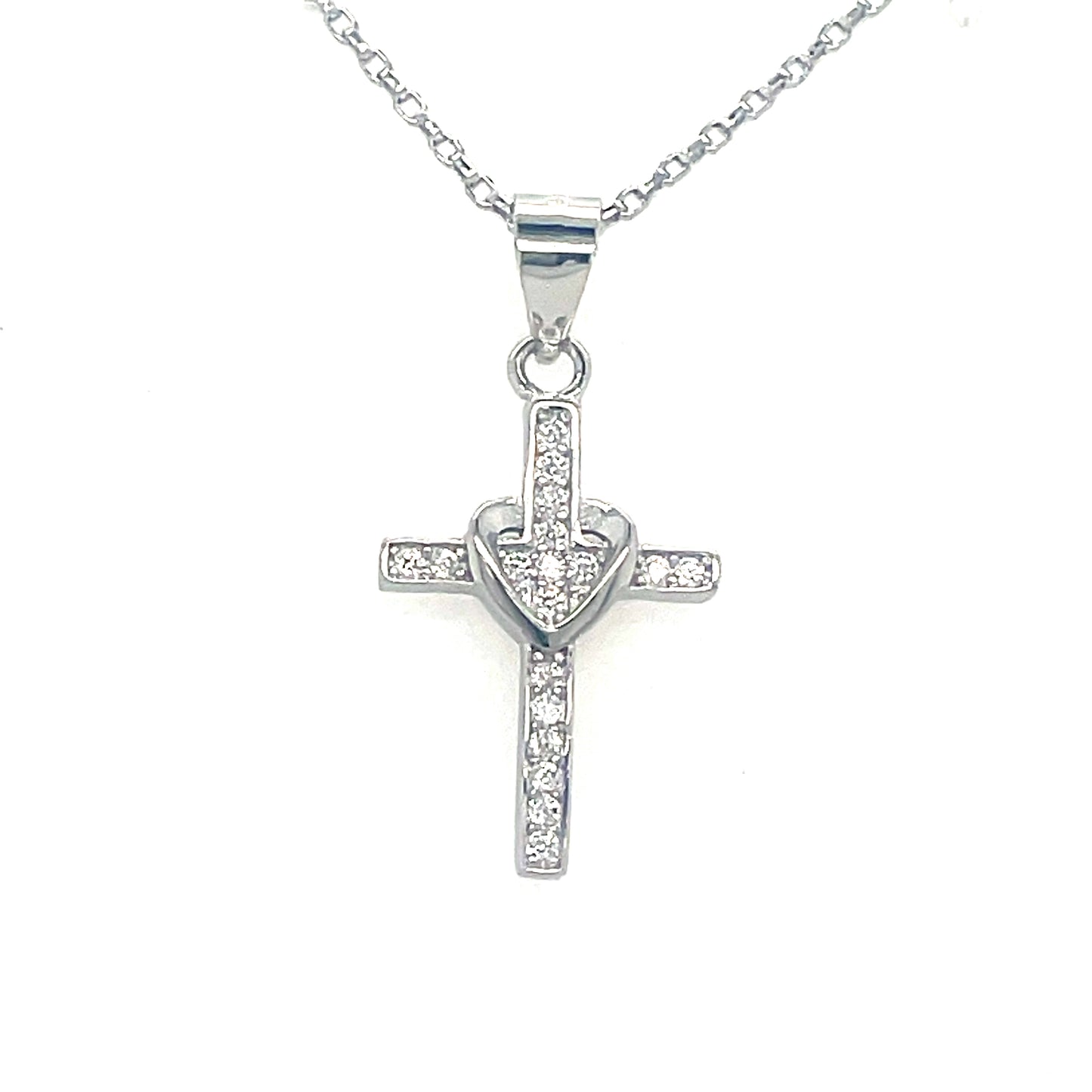 Sterling Silver Cubic Zirconia Cross/Polished Heart Pendant