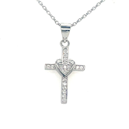Sterling Silver Cubic Zirconia Cross/Polished Heart Pendant