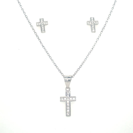Sterling Silver Pendant and Earring CZ Cross Set