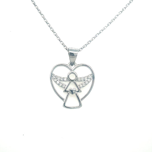 Sterling Silver Open CZ/Polished Heart Angel Pendant