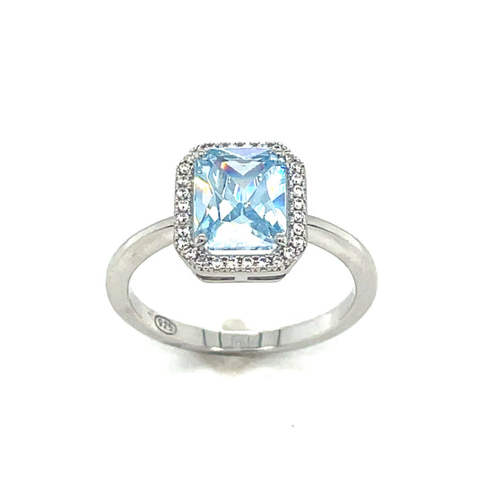 Sil Ring Em/c Bl CZ Halo
