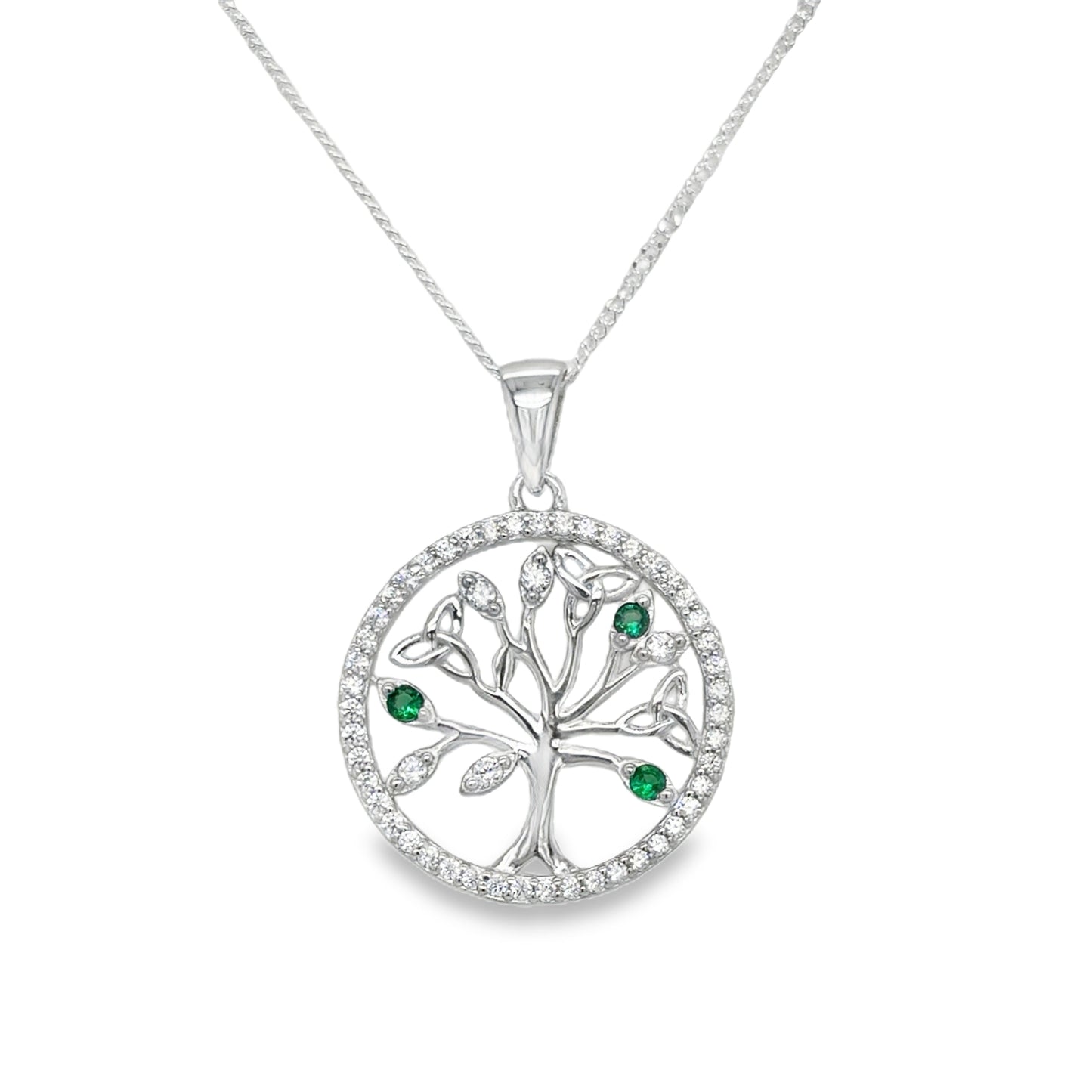 Sterling Silver Green CZ Tree Of Life Pendant