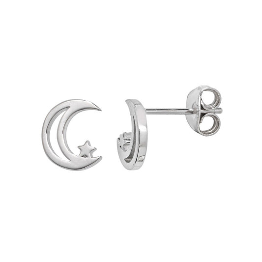 Sterling Silver Open Crescent Moon & Star Stud Earrings