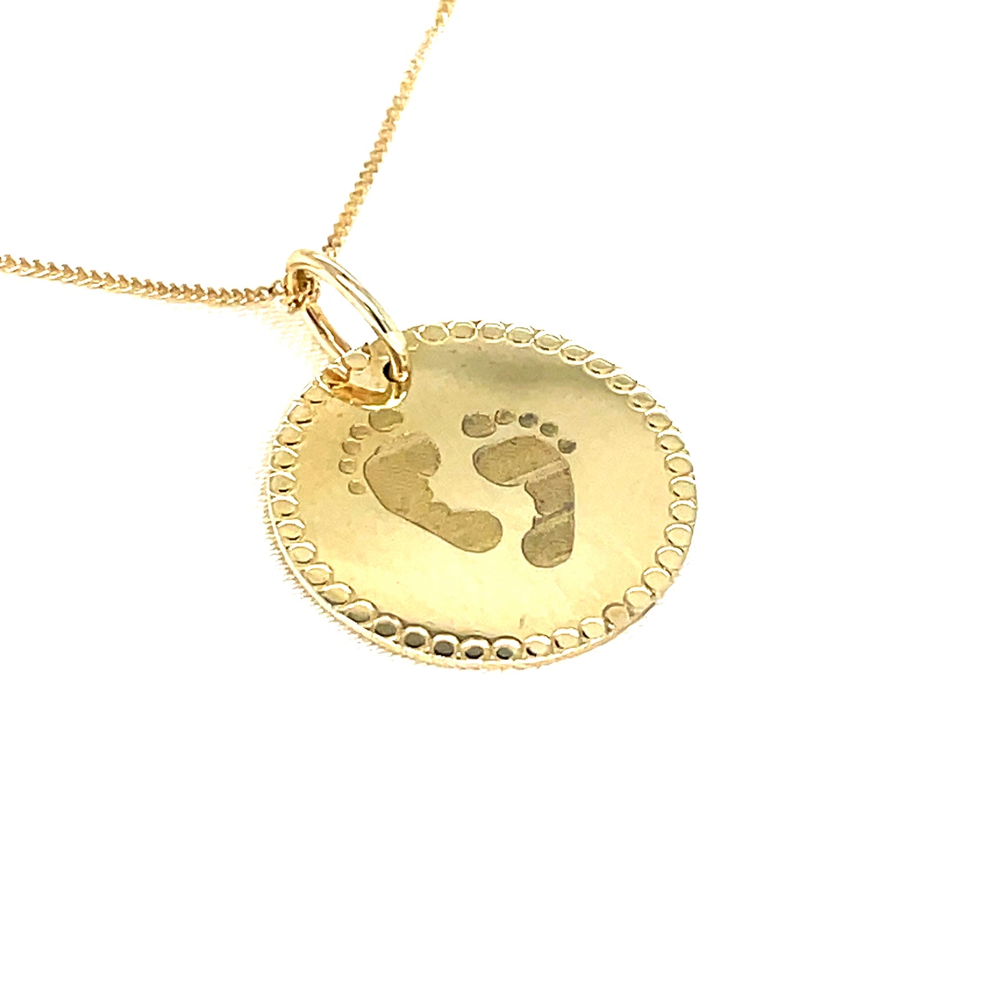 9CT 15MM Round Disc Footprints Pendant with Beaded Edge (Engravable)