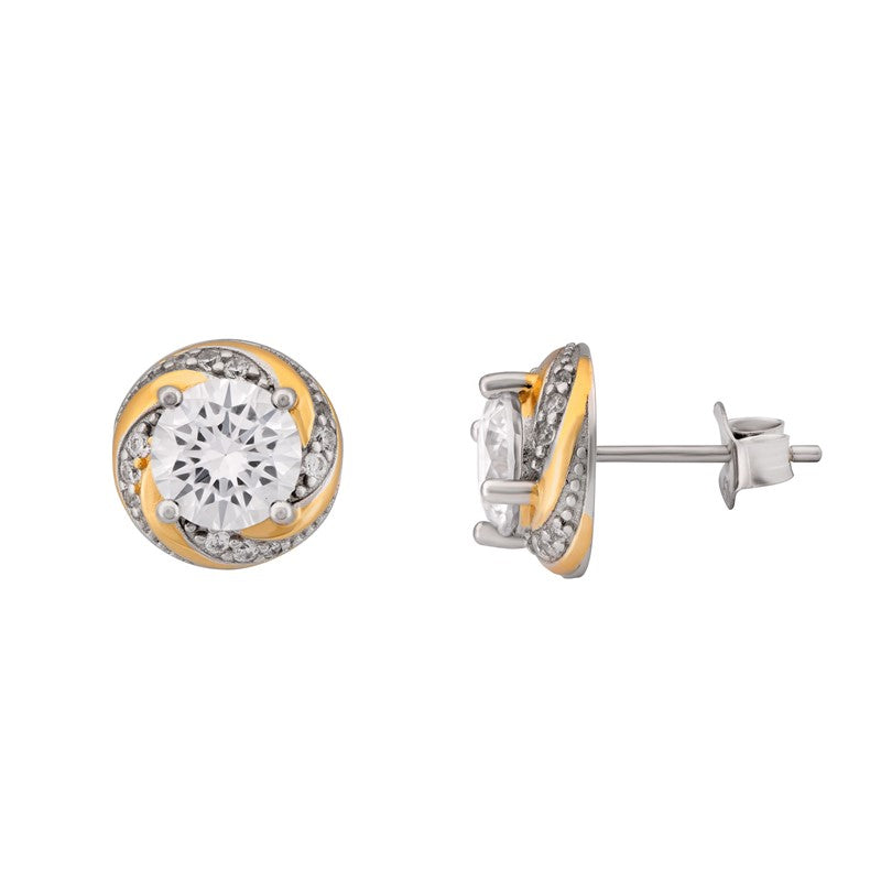Sterling Silver Two Tone Swirl ubic Zirconia Stud Earrings